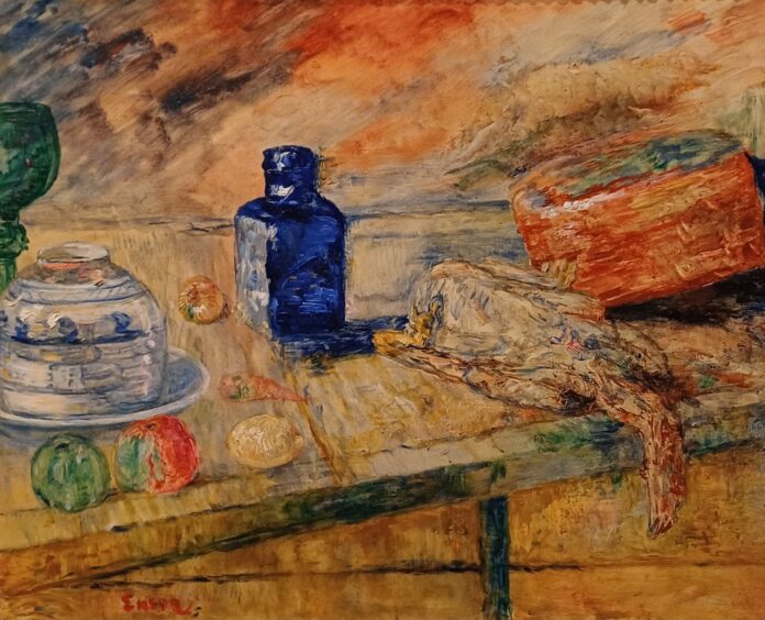 James Ensor, 1925, Blauwe fles met kip.